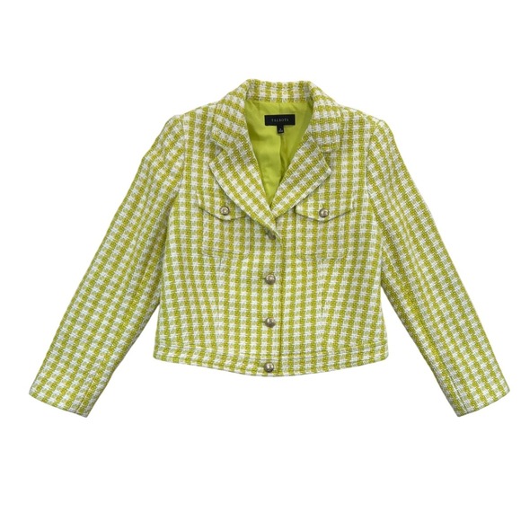 Talbots Blazer Womens 8 Yellow Green White Plaid Tweed Cropped Jacket - Picture 1 of 6